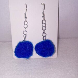 Earrings Pom Pom Royal Blue Drop Pierced Silver-tone Chains Handcrafted Fun New